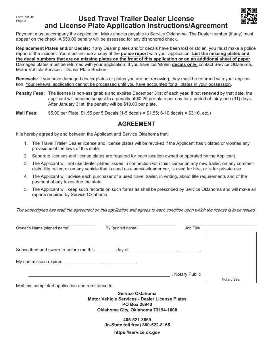 Form 791-1B Used Travel Trailer Dealer License and License Plate Application - Oklahoma, Page 2