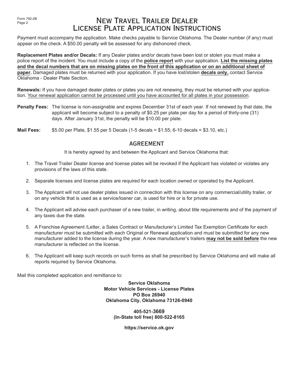 Form 792-2B New Travel Trailer Dealer License Plate Application - Oklahoma, Page 2