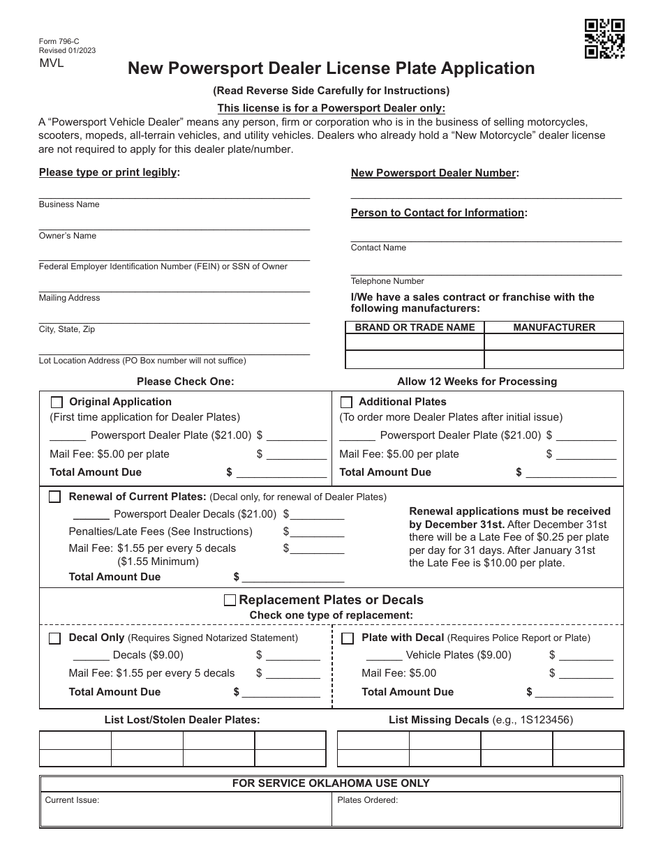 Form 796-C New Powersport Dealer License Plate Application - Oklahoma, Page 1