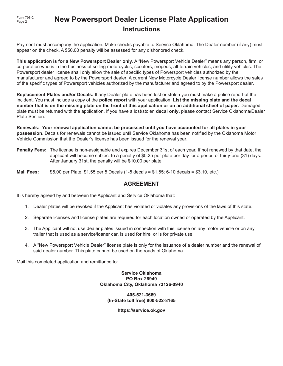 Form 796-C New Powersport Dealer License Plate Application - Oklahoma, Page 2