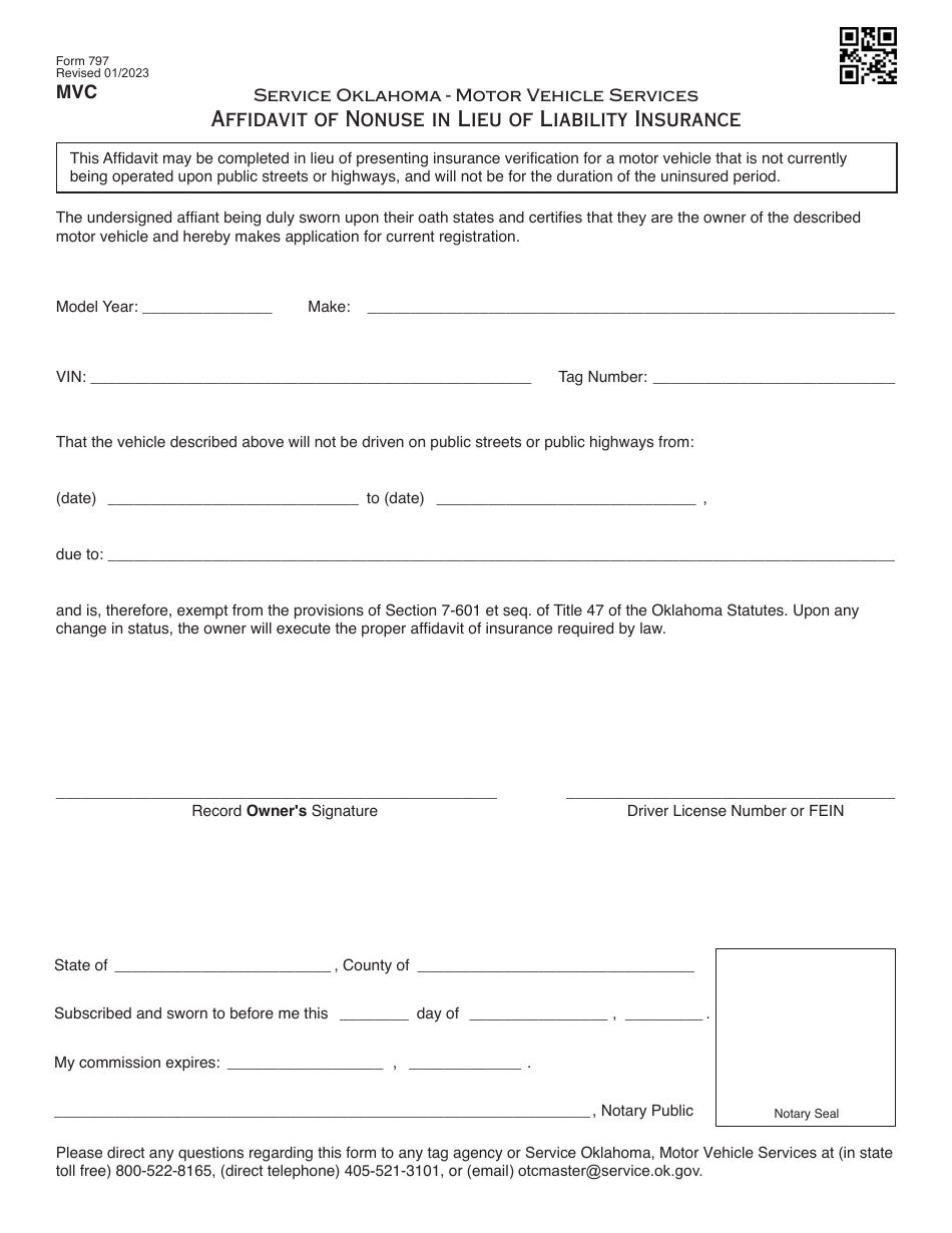 Form 797 Affidavit of Nonuse in Lieu of Liability Insurance - Oklahoma, Page 1