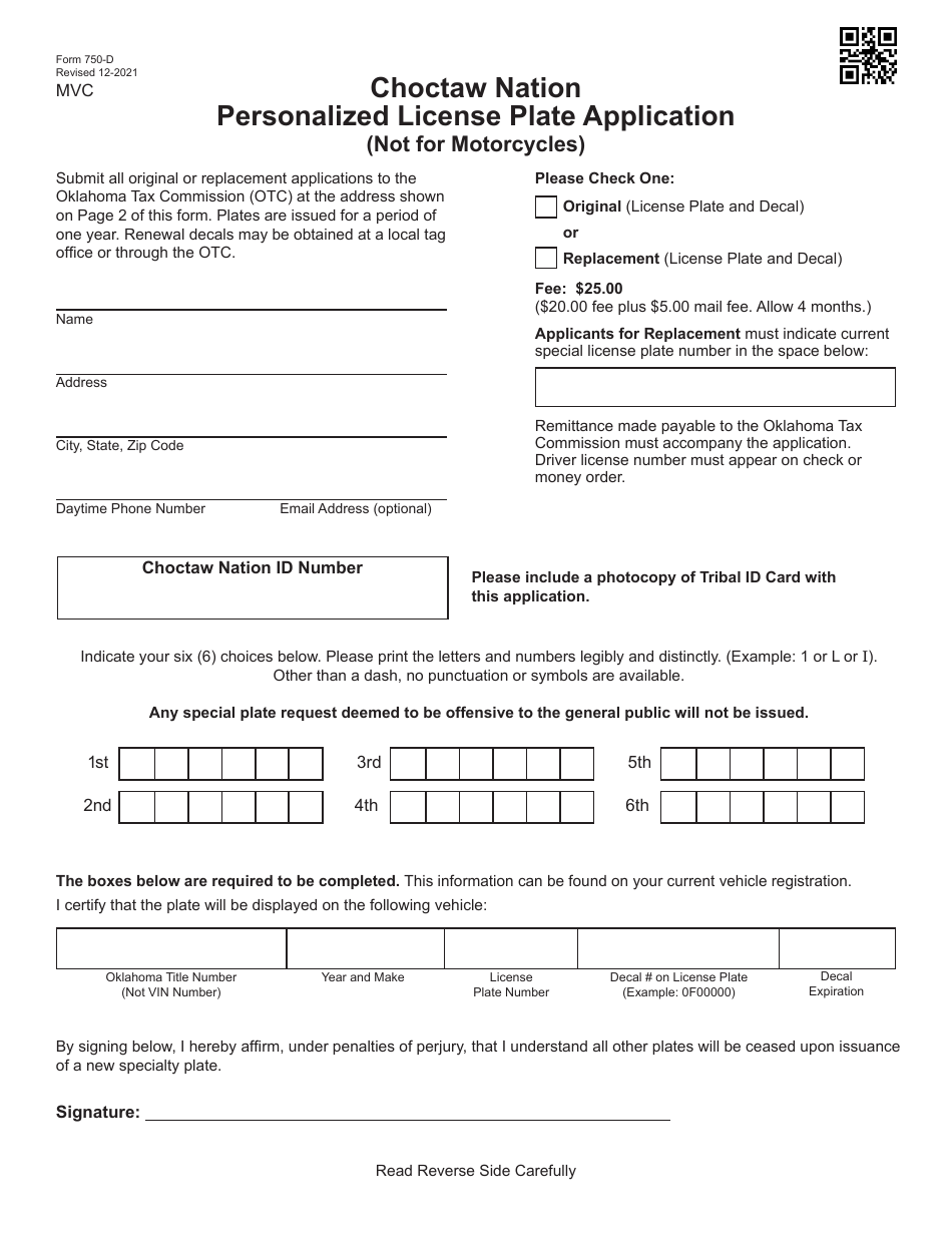 Form 750-D Choctaw Nation Personalized License Plate Application - Oklahoma, Page 1
