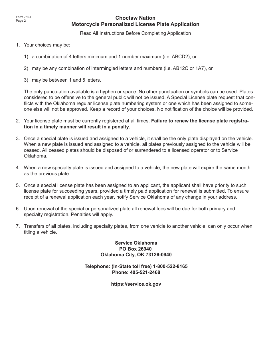 Form 750-I Choctaw Nation Motorcycle Personalized License Plate Application - Oklahoma, Page 2
