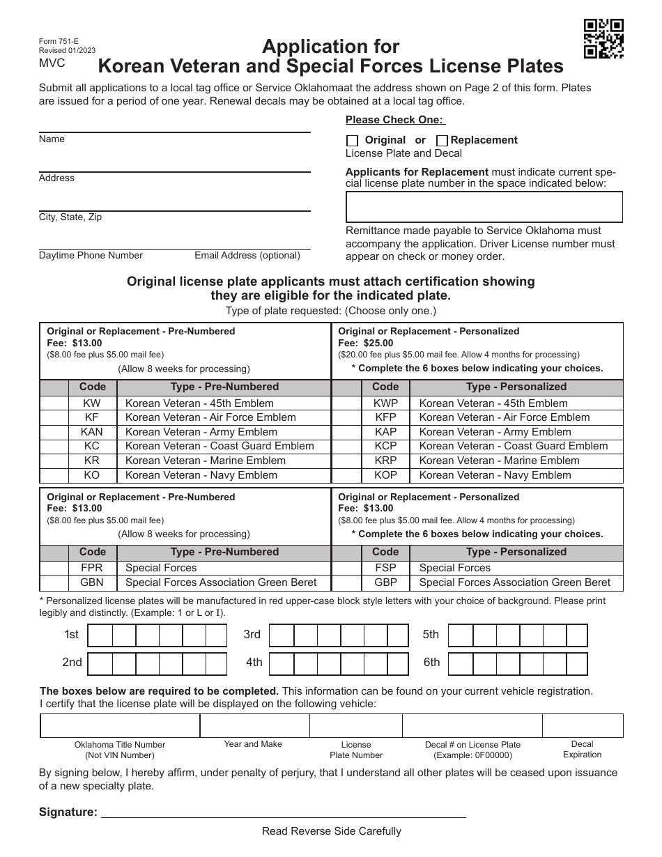 Form 751-E Application for Korean Veteran and Special Forces License Plates - Oklahoma, Page 1