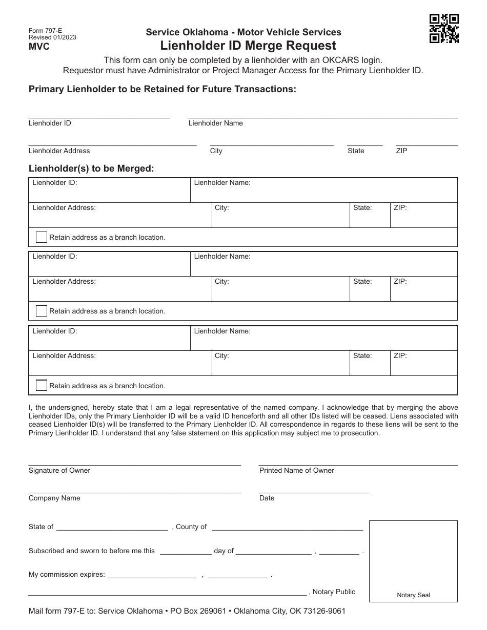 Form 797-E Lienholder Id Merge Request - Oklahoma, Page 1
