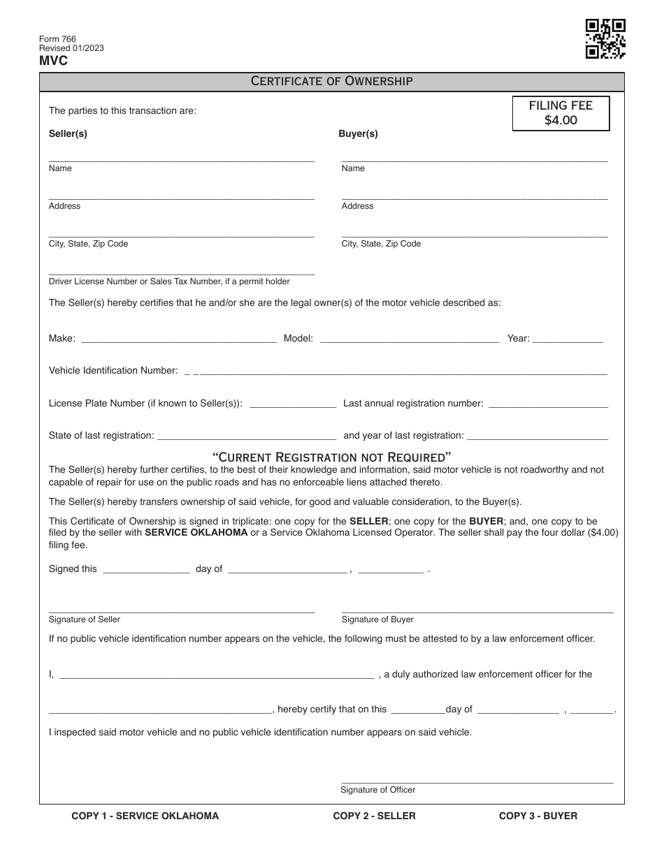 Form 766 Certificate of Ownership - Oklahoma, Page 1