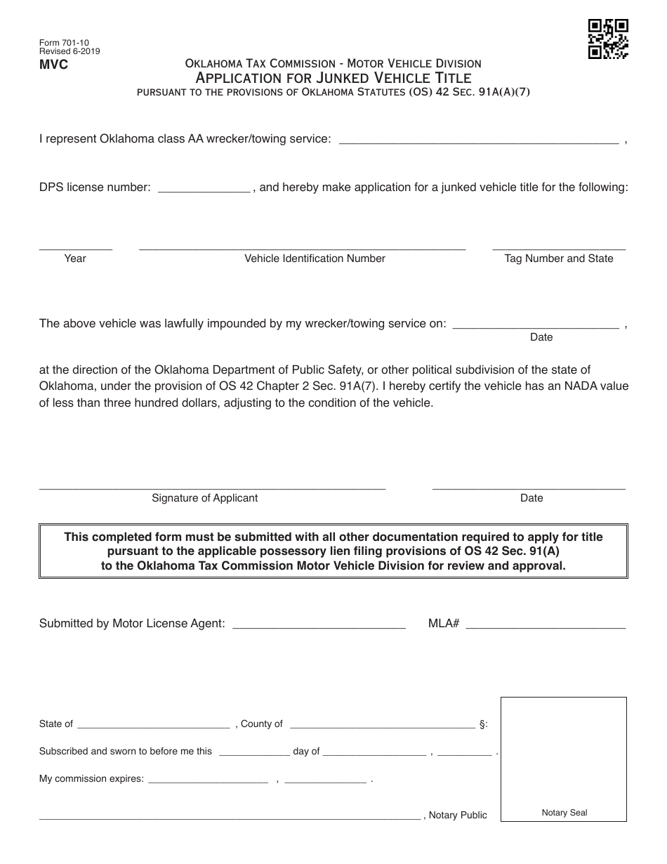 Form 701-10 Application for Junked Vehicle Title - Oklahoma, Page 1