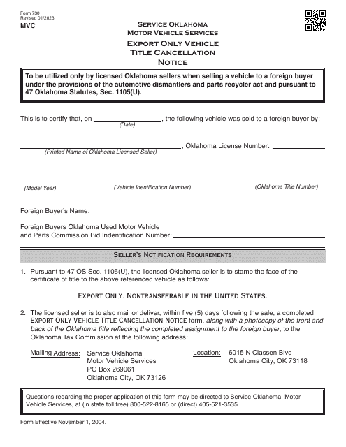 Form 730 Export Only Vehicle Title Cancellation Notice - Oklahoma