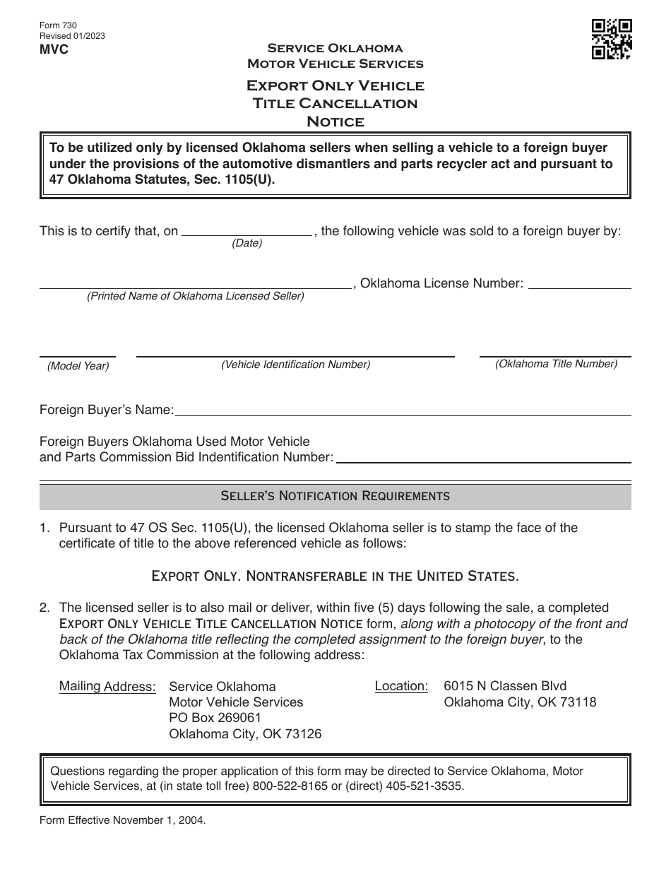Form 730 Export Only Vehicle Title Cancellation Notice - Oklahoma, Page 1
