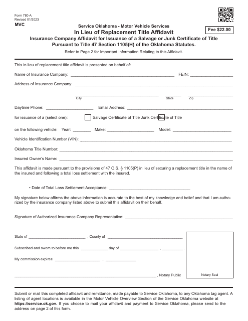 Form 780-A In Lieu of Replacement Title Affidavit - Insurance Company Affidavit for Issuance of a Salvage or Junk Certificate of Title Pursuant to Title 47 Section 1105(H) of the Oklahoma Statutes - Oklahoma