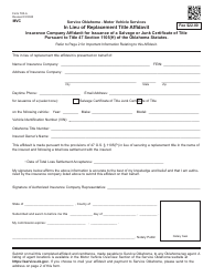 Form 780-A In Lieu of Replacement Title Affidavit - Insurance Company Affidavit for Issuance of a Salvage or Junk Certificate of Title Pursuant to Title 47 Section 1105(H) of the Oklahoma Statutes - Oklahoma