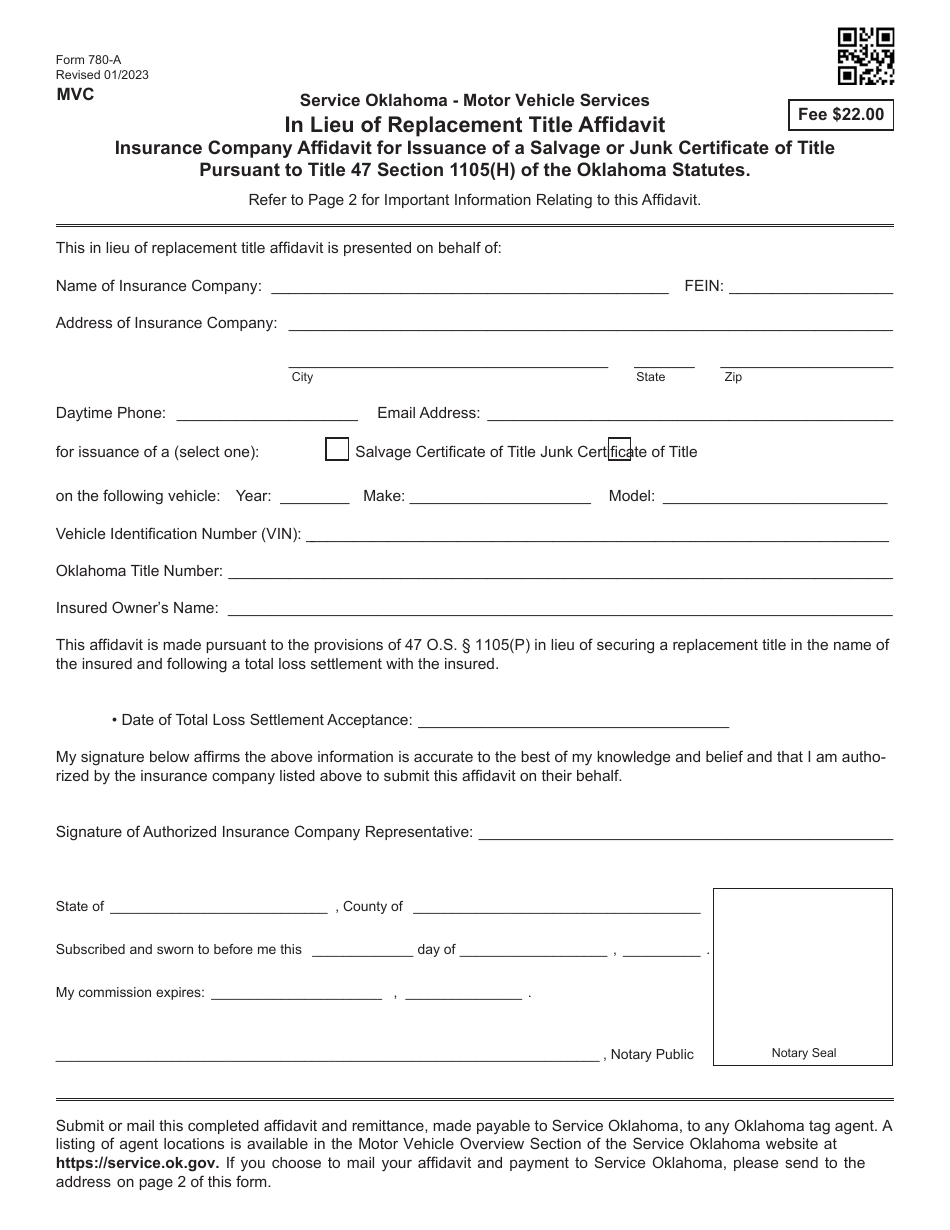 Form 780-A In Lieu of Replacement Title Affidavit - Insurance Company Affidavit for Issuance of a Salvage or Junk Certificate of Title Pursuant to Title 47 Section 1105(H) of the Oklahoma Statutes - Oklahoma, Page 1