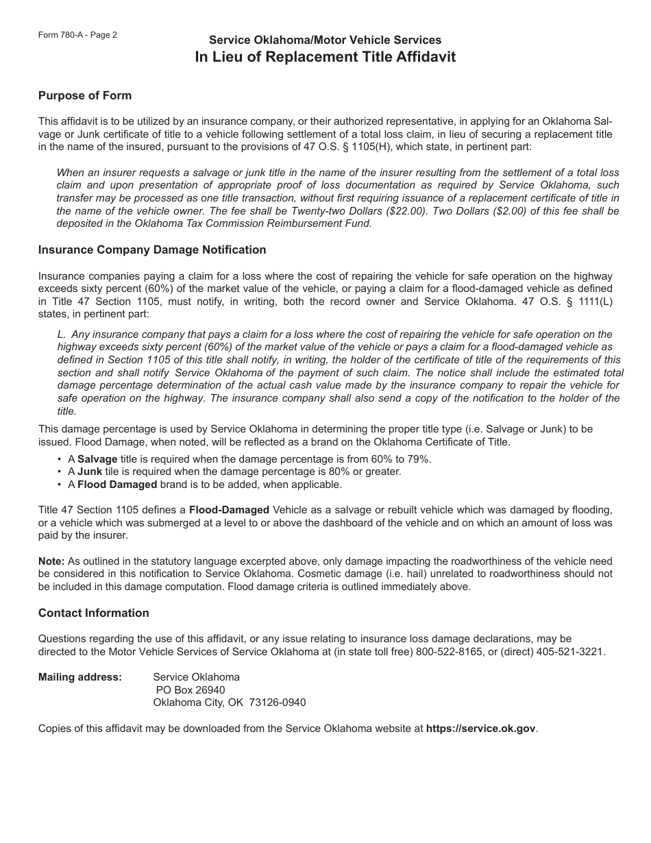 Form 780-A In Lieu of Replacement Title Affidavit - Insurance Company Affidavit for Issuance of a Salvage or Junk Certificate of Title Pursuant to Title 47 Section 1105(H) of the Oklahoma Statutes - Oklahoma, Page 2