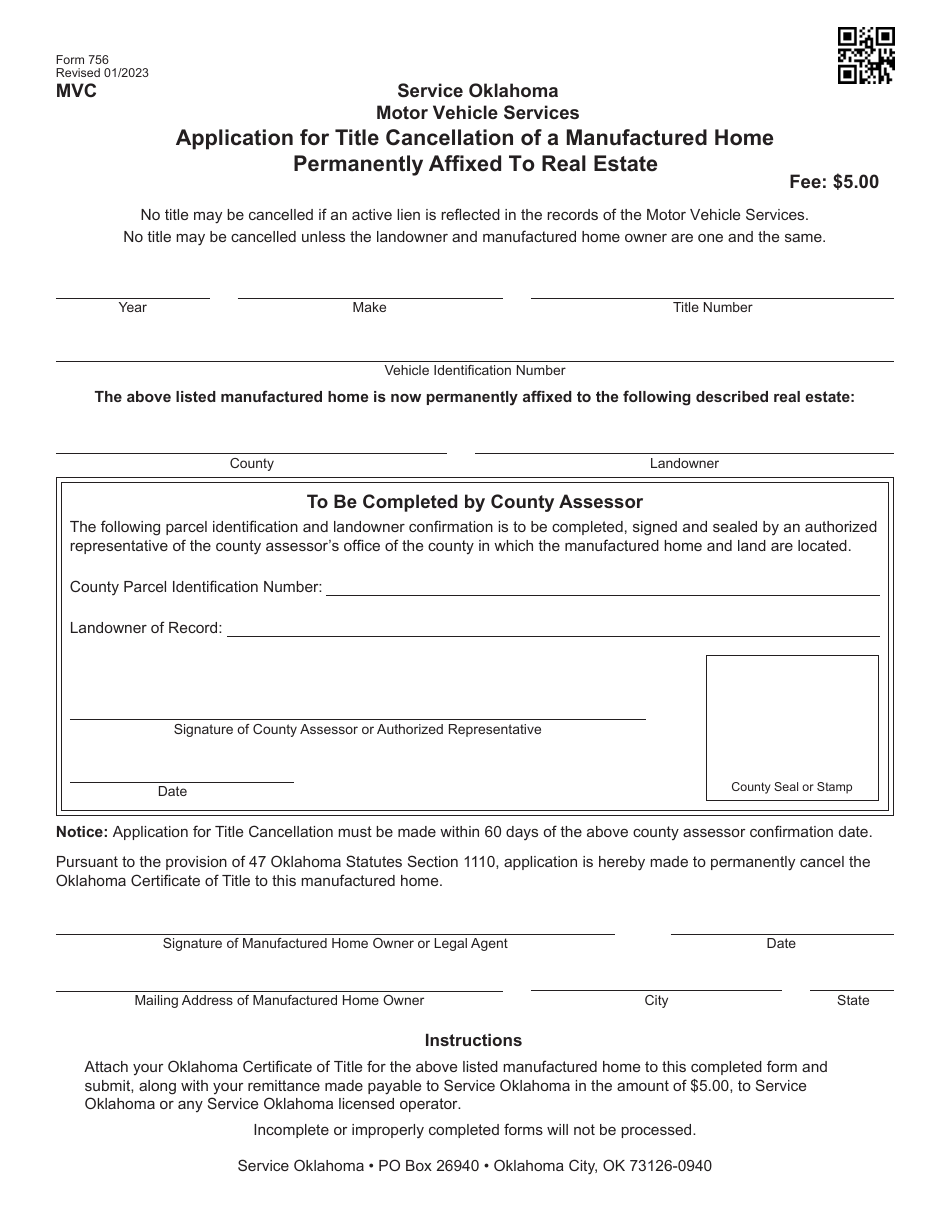 Form 756 Application for Title Cancellation of a Manufactured Home Permanently Affixed to Real Estate - Oklahoma, Page 1