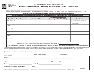 Form 761-A Affidavit of Assembly and Ownership for Automobile/Truck/Travel Trailer - Oklahoma