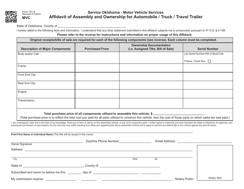 Form 761-A Affidavit of Assembly and Ownership for Automobile / Truck / Travel Trailer - Oklahoma, Page 1