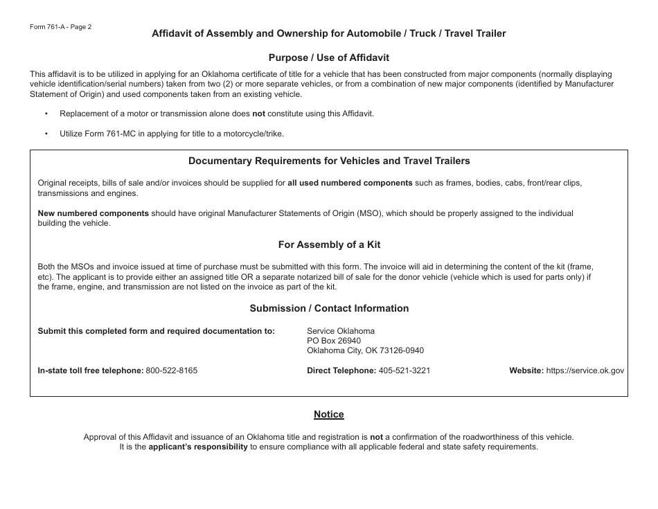 Form 761-A Affidavit of Assembly and Ownership for Automobile / Truck / Travel Trailer - Oklahoma, Page 2