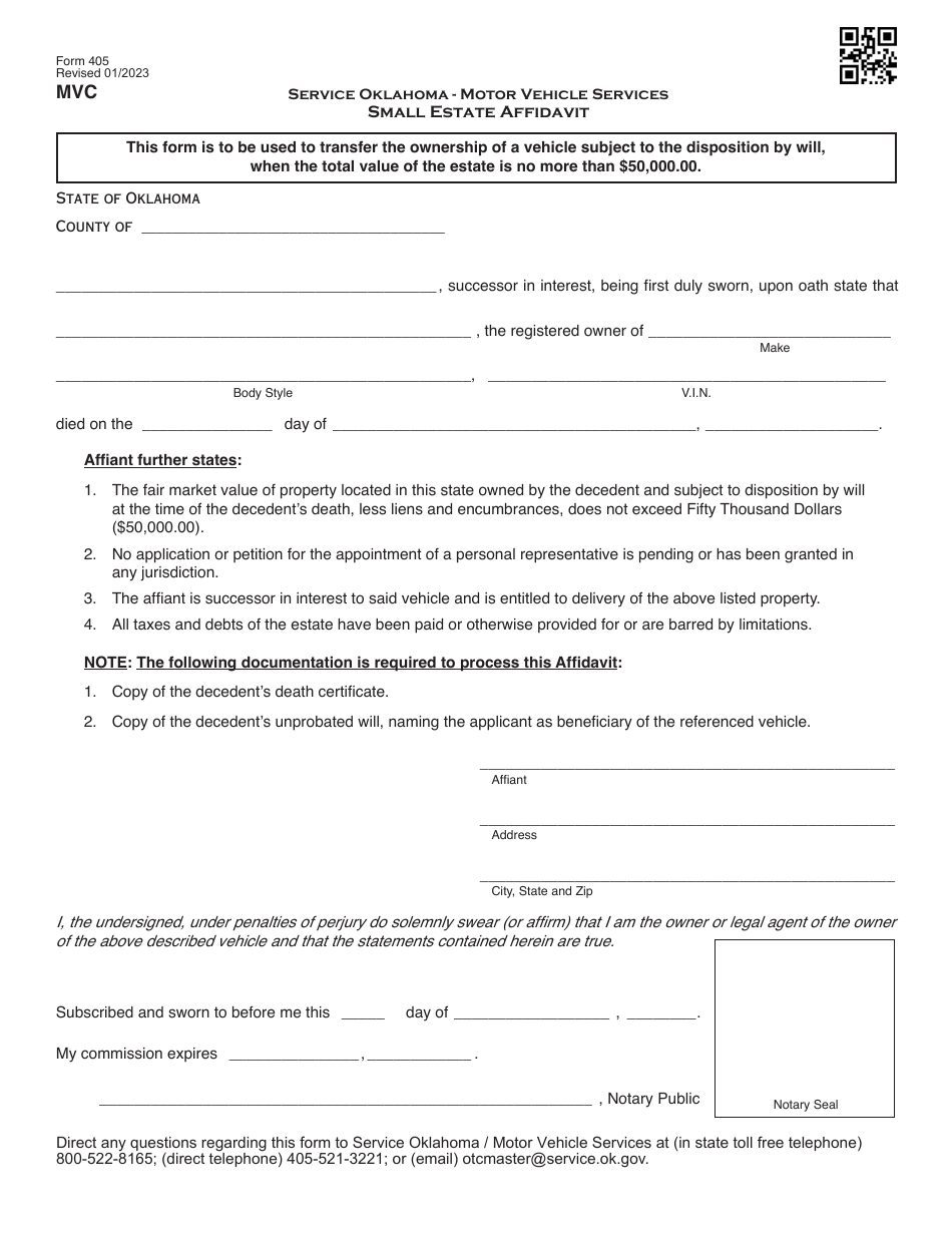 Form 405 Download Fillable PDF or Fill Online Small Estate Affidavit ...