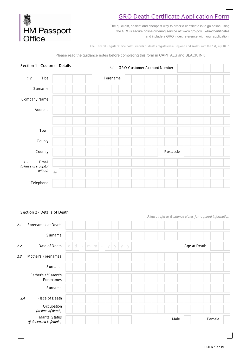 Gro Death Certificate Application Form - United Kingdom, Page 1
