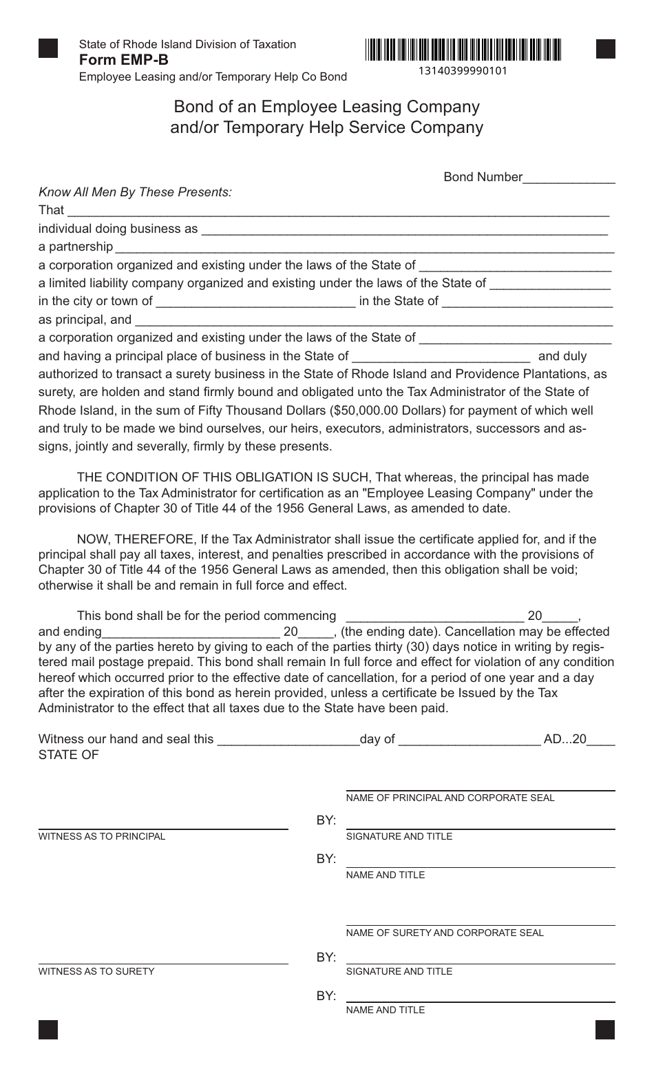 Form EMP-B Employee Leasing and / or Temporary Help Co Bond - Rhode Island, Page 1