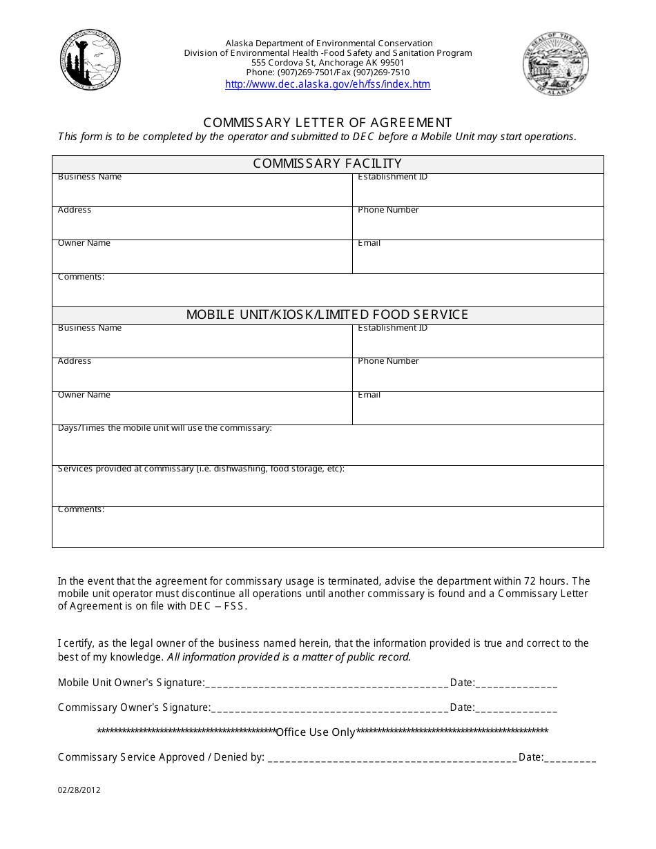 Alaska Commissary Letter of Agreement Fill Out, Sign Online and