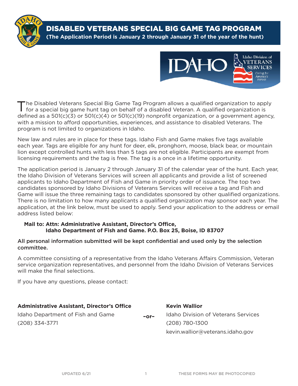 Application for Disabled Veterans Special Big Game Hunt - Idaho, Page 1