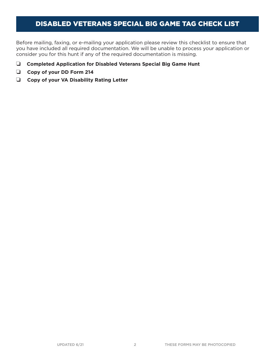 Application for Disabled Veterans Special Big Game Hunt - Idaho, Page 2