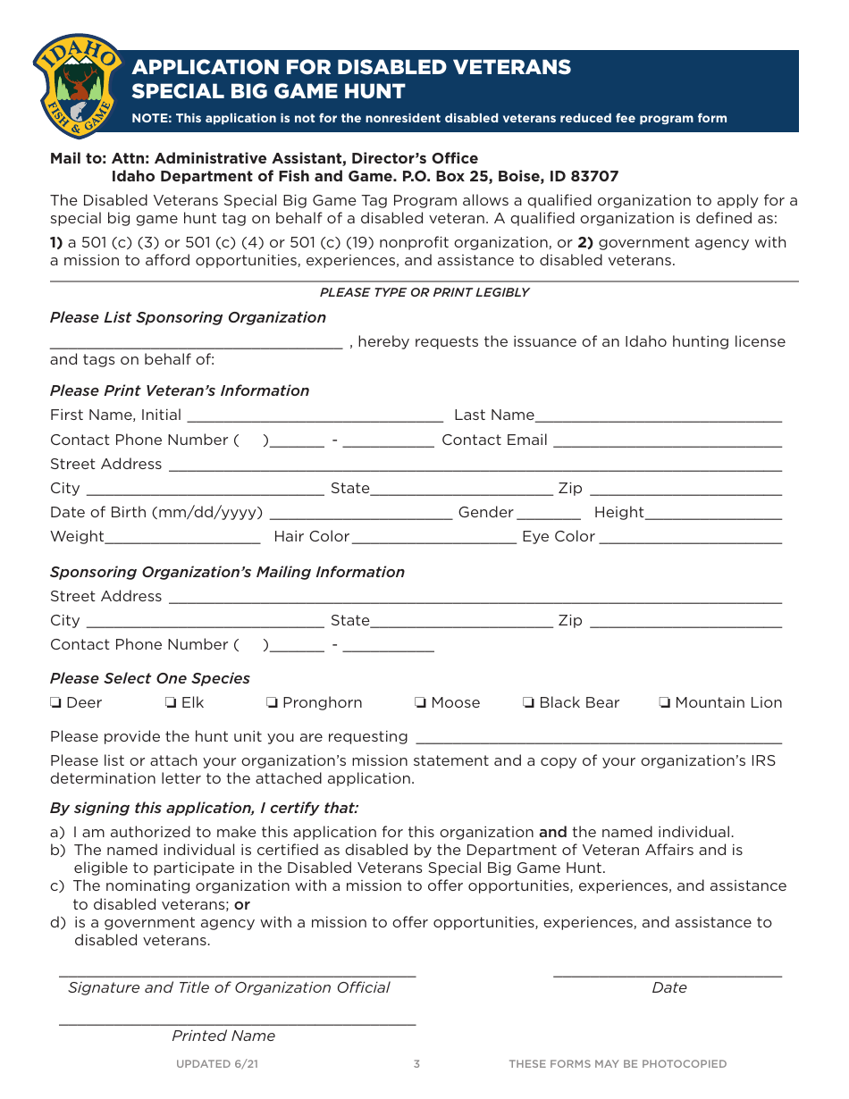 Application for Disabled Veterans Special Big Game Hunt - Idaho, Page 3