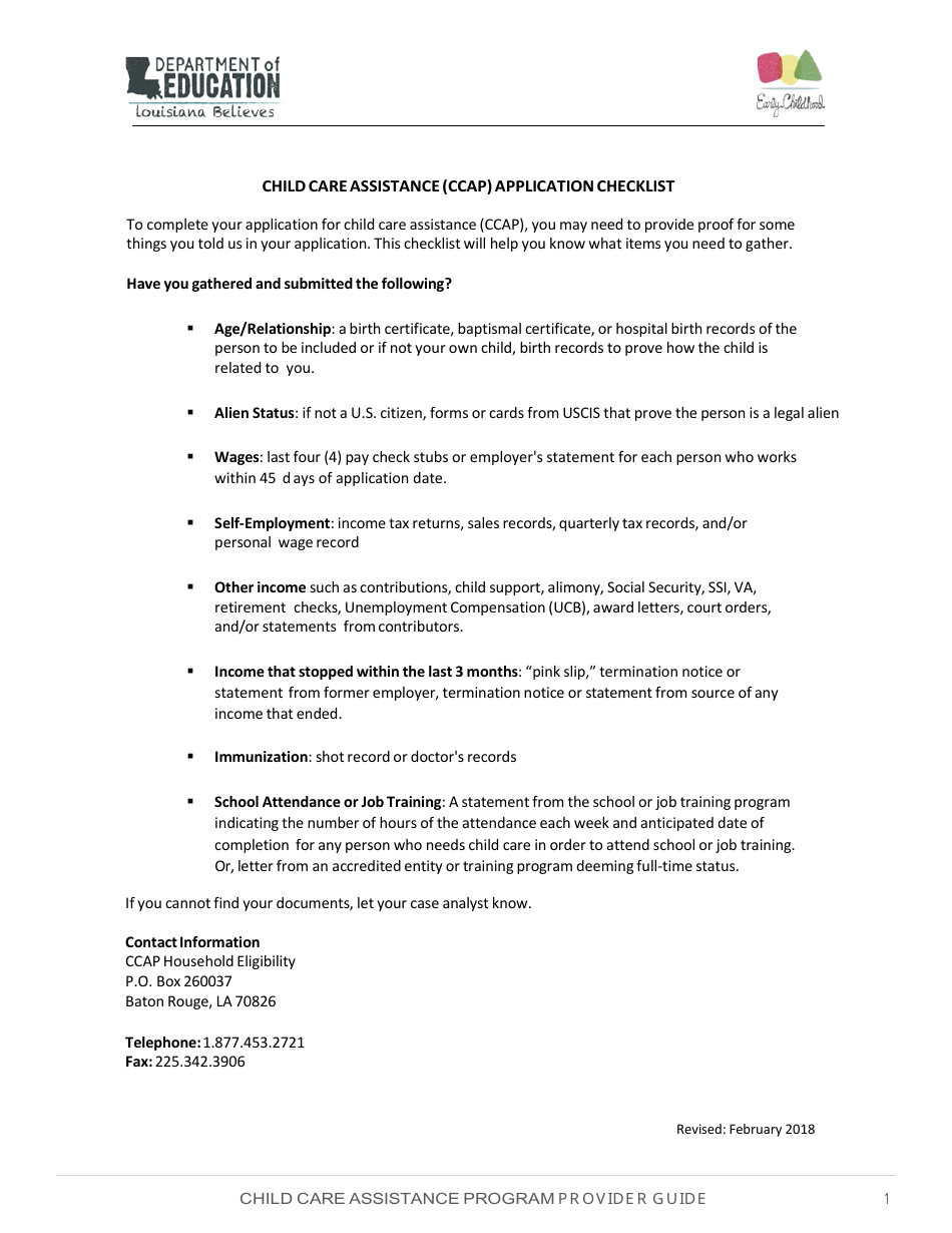 Child Care Assistance (Ccap) Application Checklist - Louisiana, Page 1