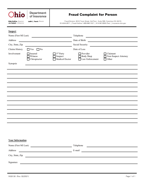 Form INS0126 Fraud Complaint for Person - Ohio