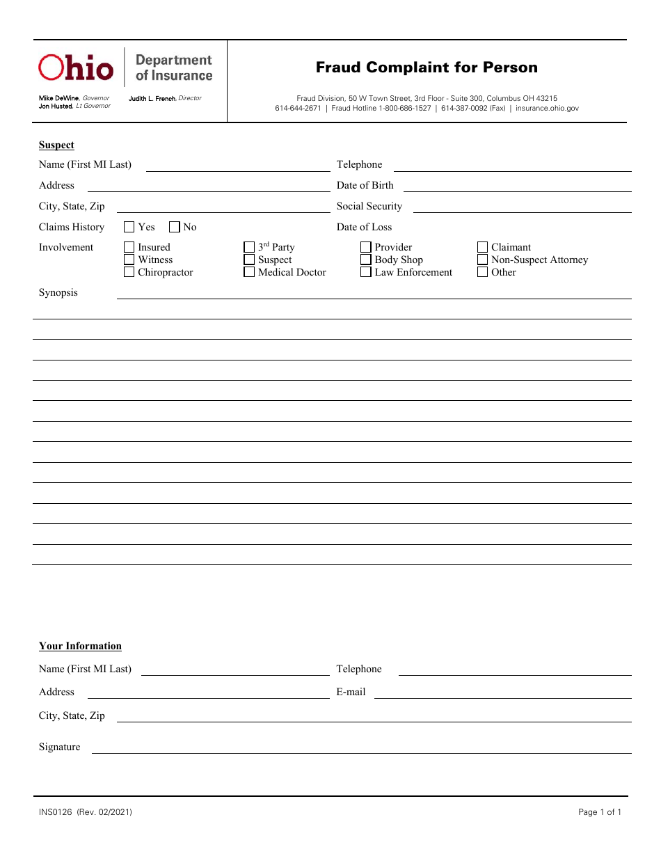 Form INS0126 Fraud Complaint for Person - Ohio, Page 1