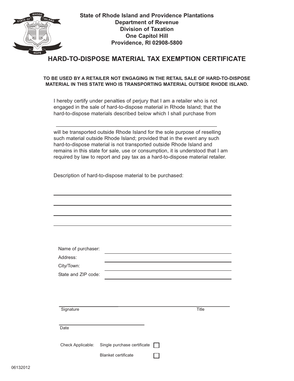 Hard-To-Dispose Material Tax Exemption Certificate - Rhode Island, Page 1