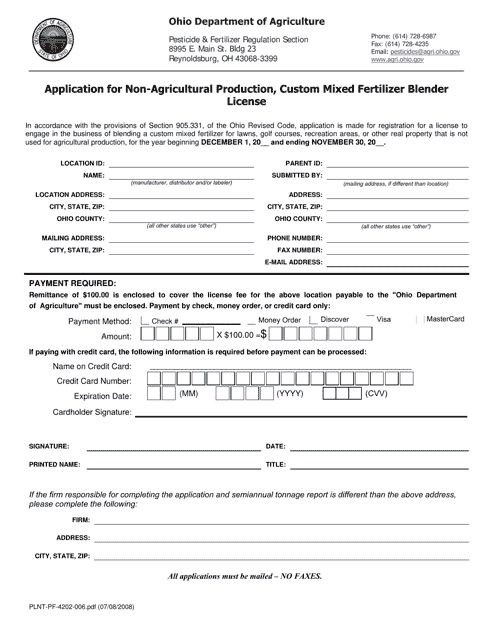 Form PLNT-PF-4202-006 Application for Non-agricultural Production, Custom Mixed Fertilizer Blender License - Ohio