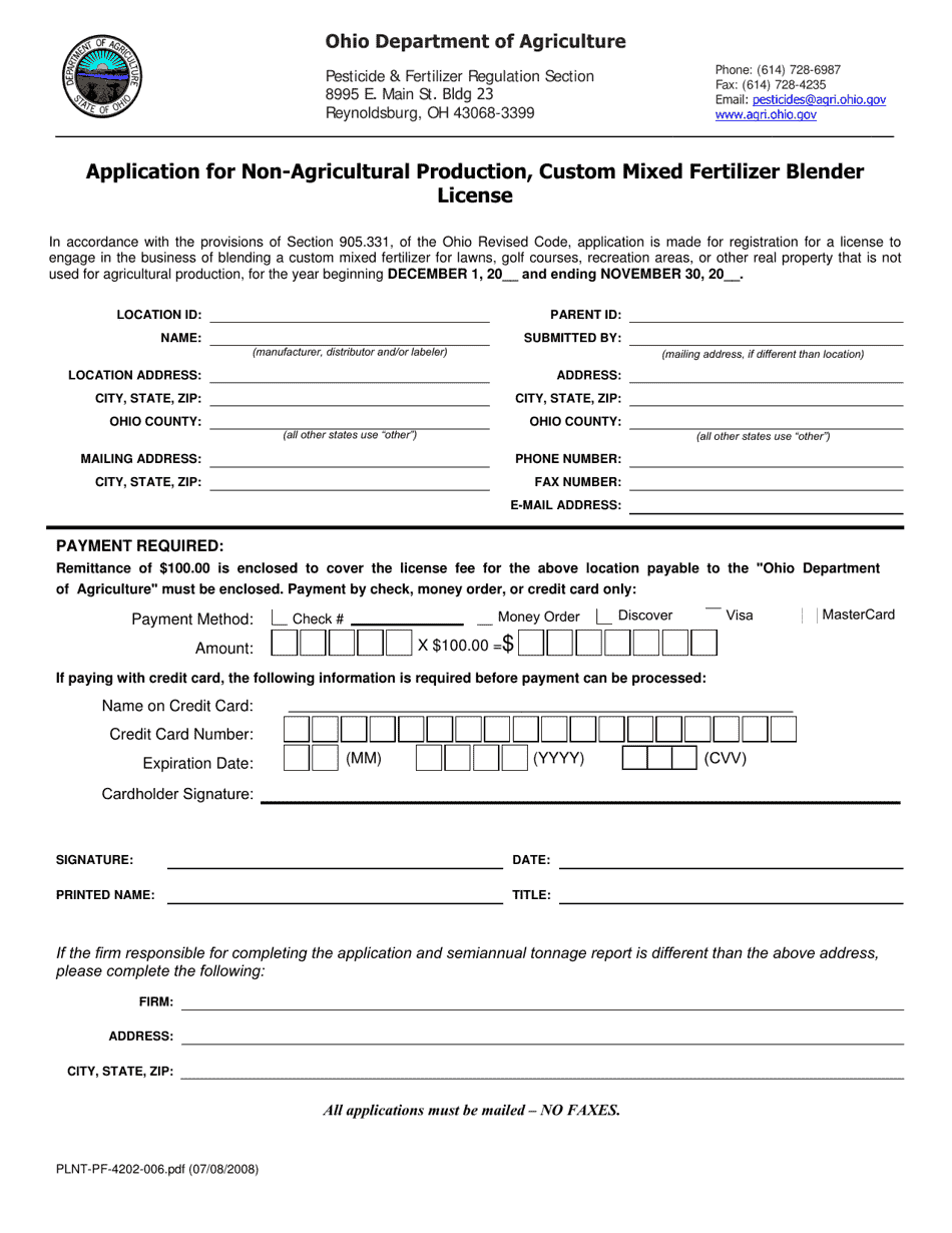 Form PLNT-PF-4202-006 Application for Non-agricultural Production, Custom Mixed Fertilizer Blender License - Ohio, Page 1