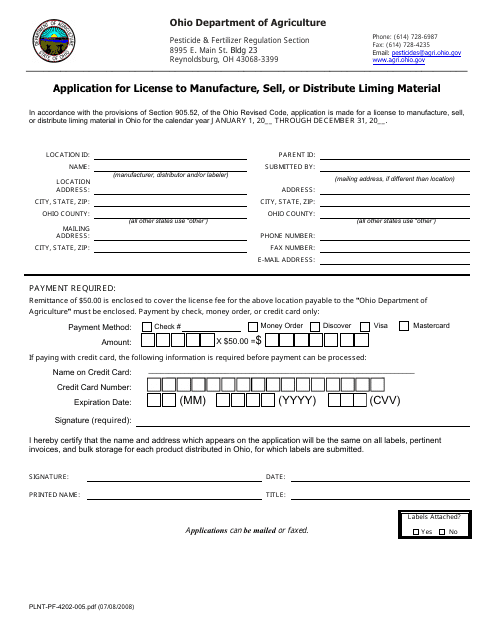 Form PLNT-PF-4202-005 Application for License to Manufacture, Sell, or Distribute Liming Material - Ohio
