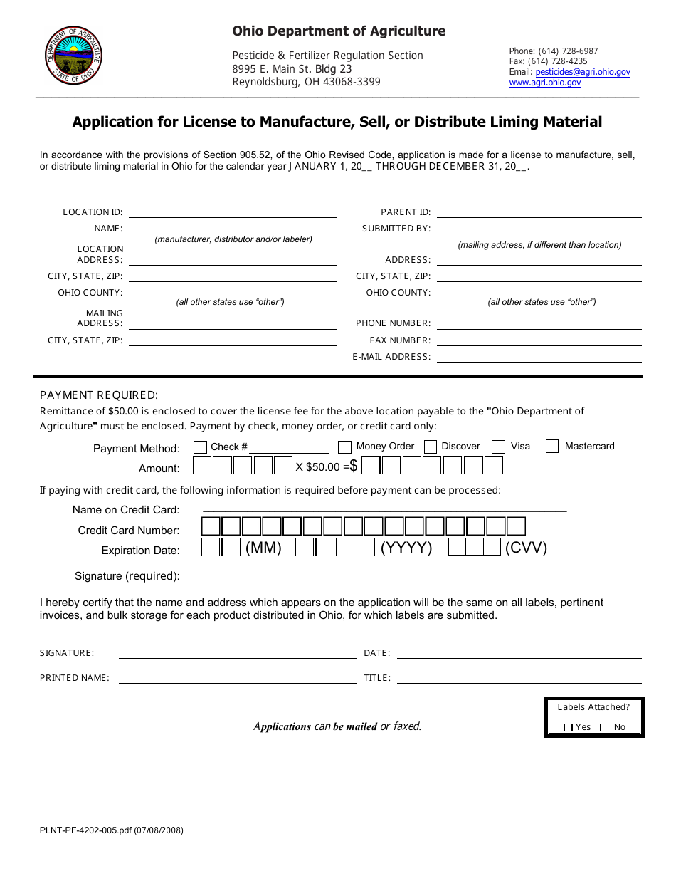 Form PLNT-PF-4202-005 Application for License to Manufacture, Sell, or Distribute Liming Material - Ohio, Page 1