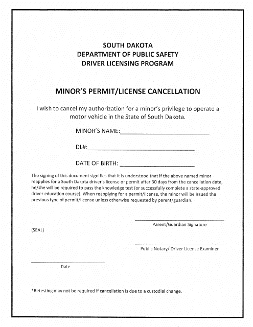 Minor's Permit / License Cancellation - Driver Licensing Program - South Dakota Download Pdf