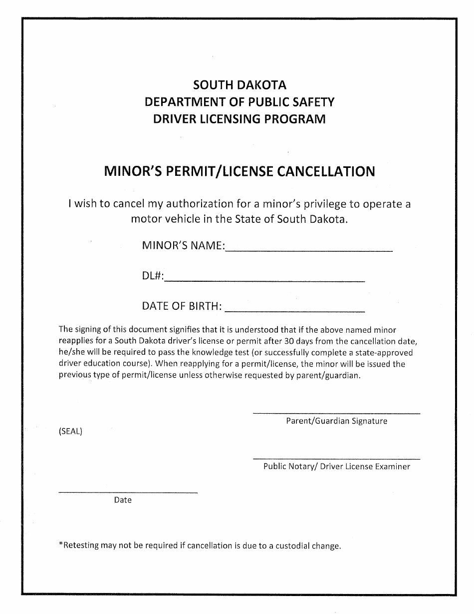 Minors Permit / License Cancellation - Driver Licensing Program - South Dakota, Page 1