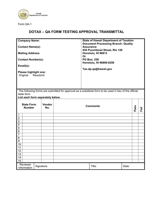 Form QA-1 Dotax - Qa Form Testing Approval Transmittal - Hawaii