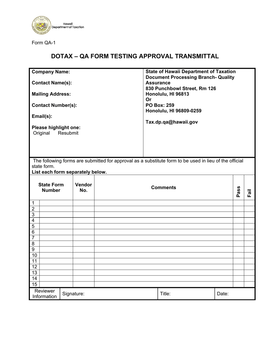 Form QA-1 Dotax - Qa Form Testing Approval Transmittal - Hawaii, Page 1