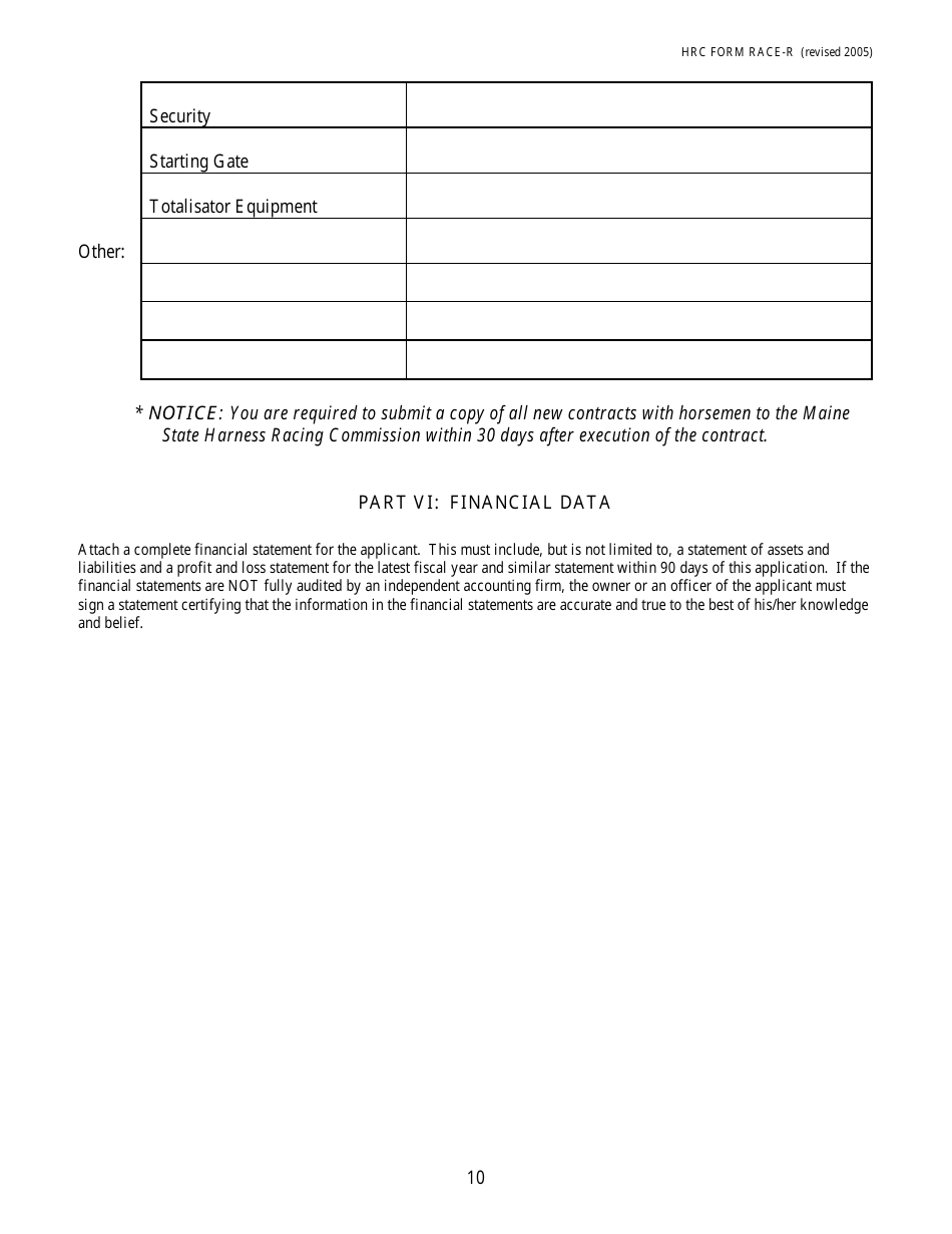 HRC Form RACE-R Renewal Application for a License to Conduct Harness Horse Races - Maine, Page 13