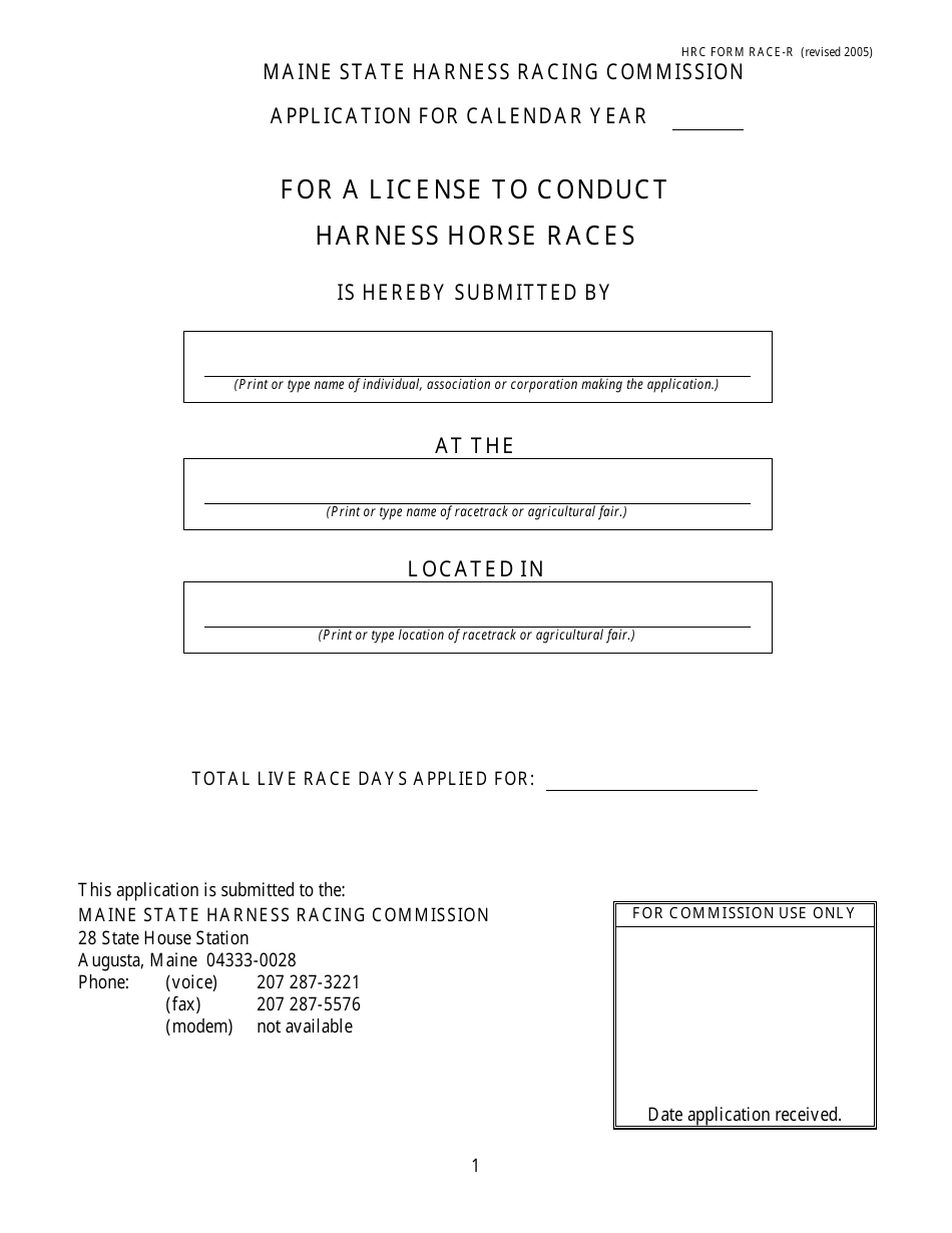 HRC Form RACE-R Renewal Application for a License to Conduct Harness Horse Races - Maine, Page 2
