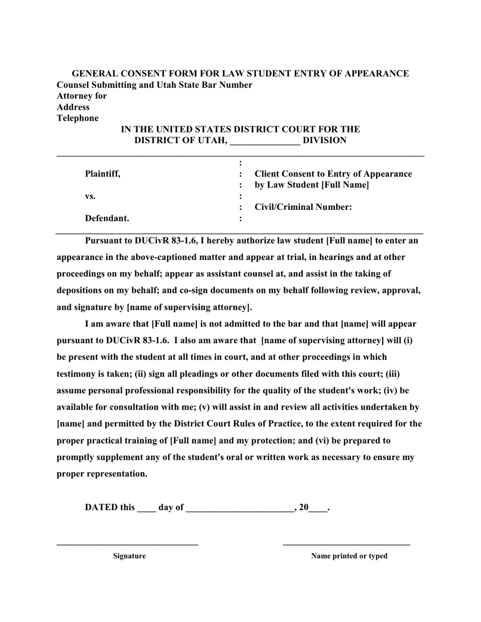 General Consent Form for Law Student Entry of Appearance - Utah, Page 1