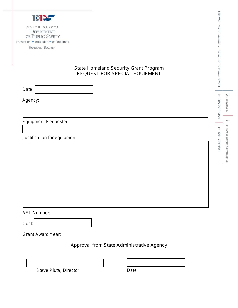 South Dakota Request for Special Equipment State Homeland Security