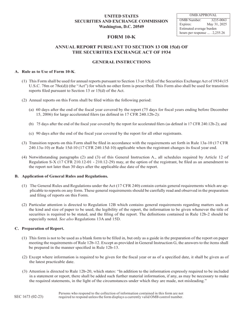 Form 10-K (SEC Form 1673)  Printable Pdf