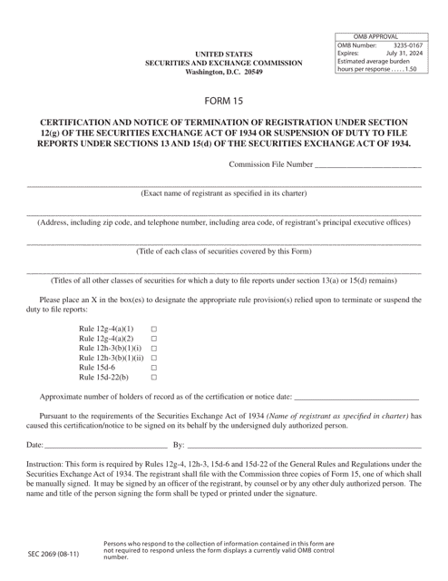 Form 15 (SEC Form 2069)  Printable Pdf