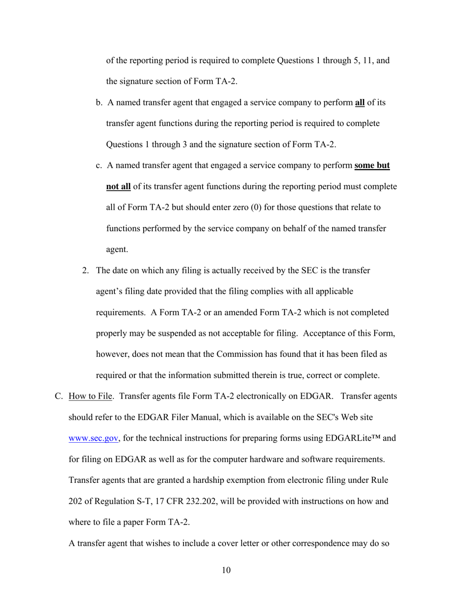 Form TA-2 (SEC Form 2113) Form for Reporting Activities of Transfer Agents Registered Pursuant to Section 17a of the Securities Exchange Act of 1934, Page 10