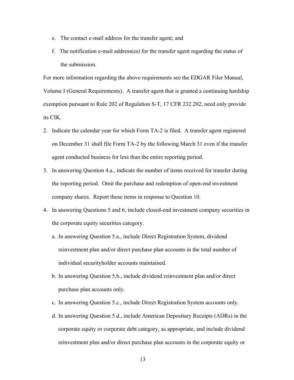Form TA-2 (SEC Form 2113) Form for Reporting Activities of Transfer Agents Registered Pursuant to Section 17a of the Securities Exchange Act of 1934, Page 13