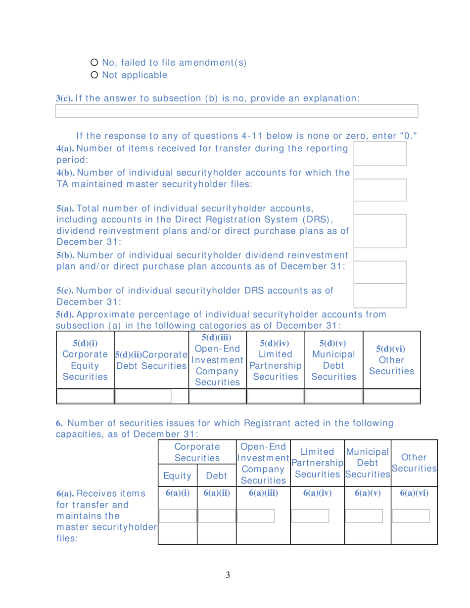 Form TA-2 (SEC Form 2113) Form for Reporting Activities of Transfer Agents Registered Pursuant to Section 17a of the Securities Exchange Act of 1934, Page 3