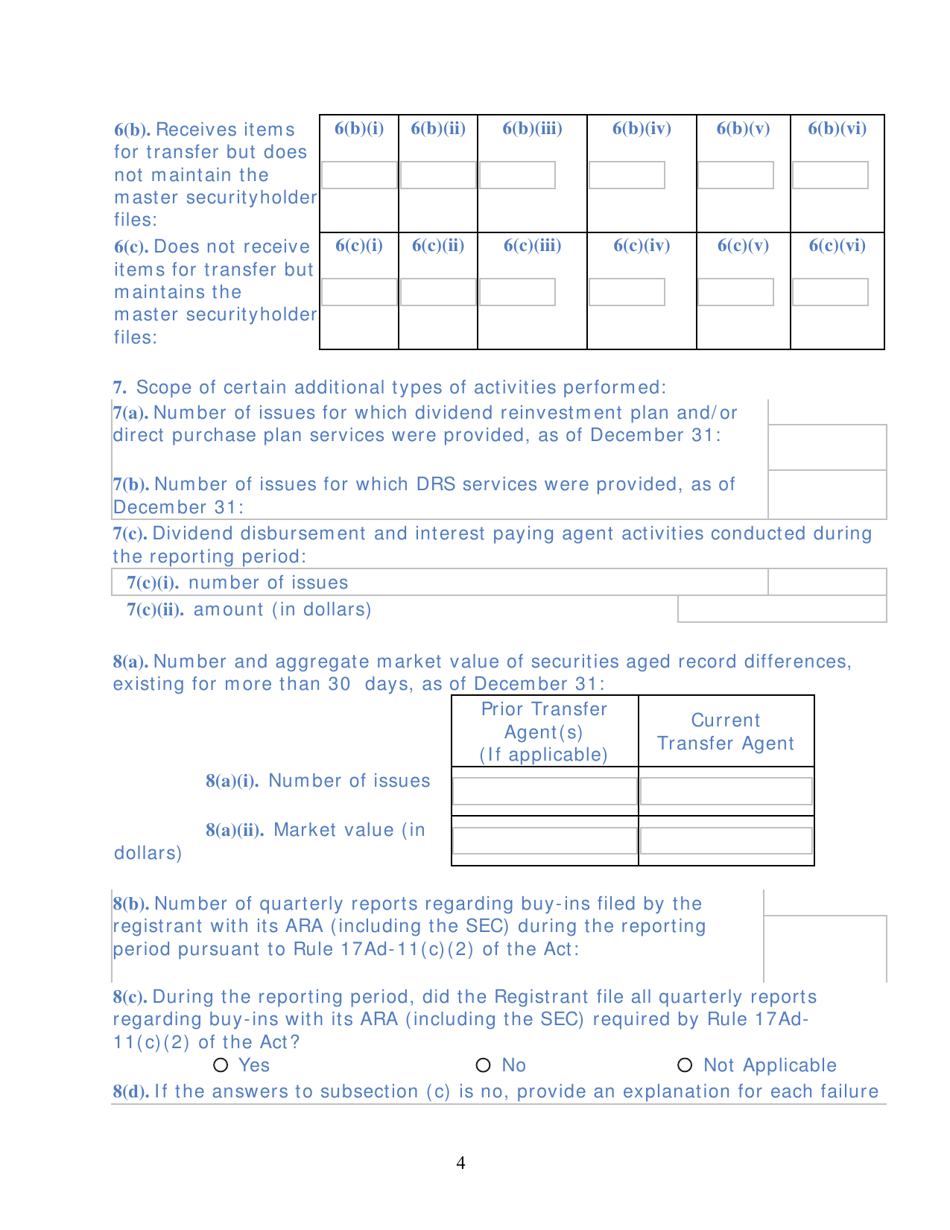 Form TA-2 (SEC Form 2113) Form for Reporting Activities of Transfer Agents Registered Pursuant to Section 17a of the Securities Exchange Act of 1934, Page 4